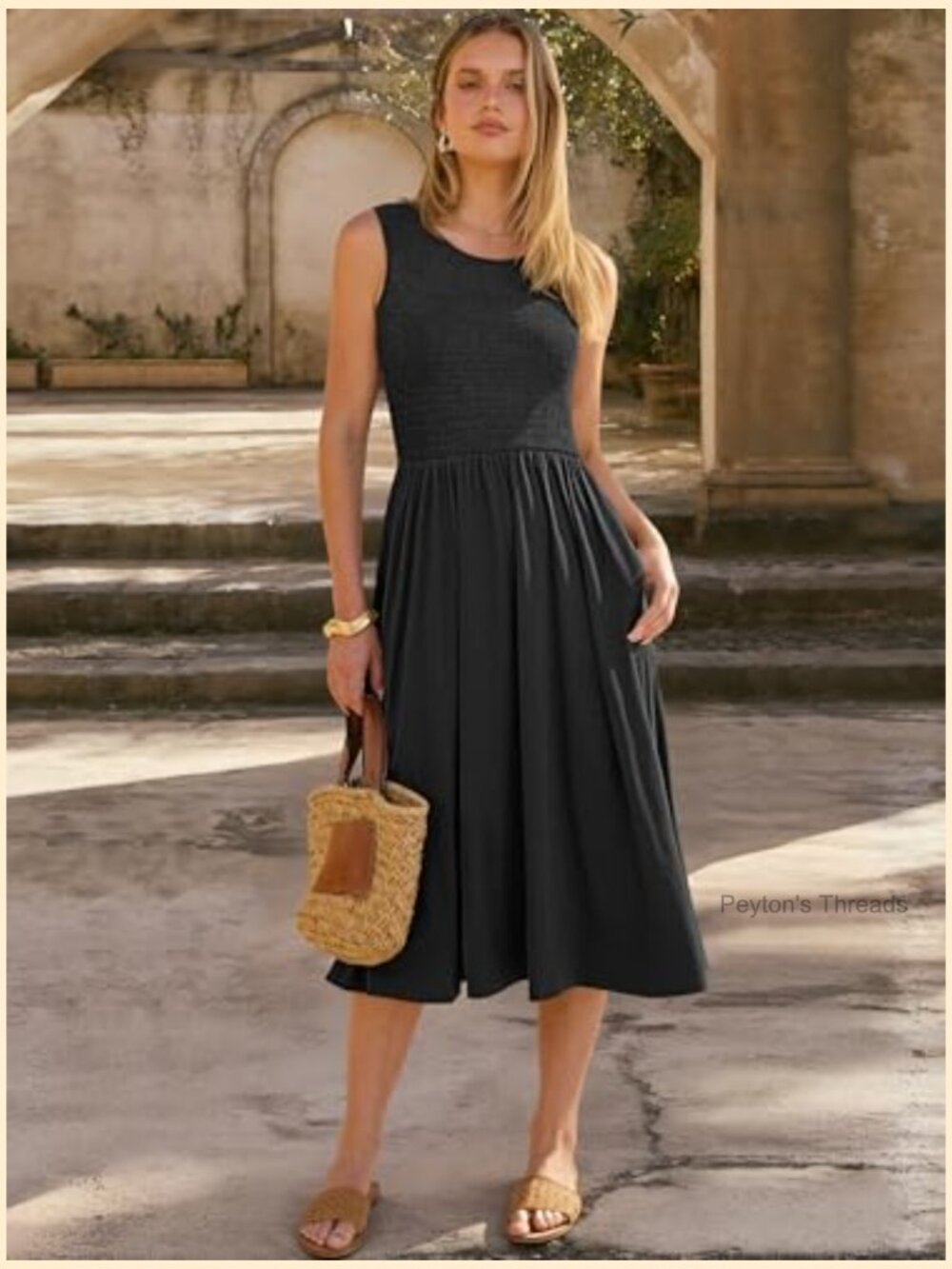 Sleeveless Smocked Elastic Waist Flowy Midi Dress with Pockets - Picture 2 of 7